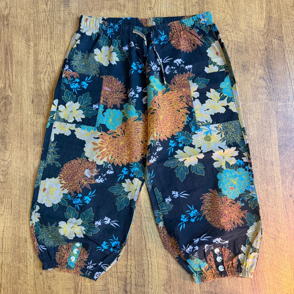 Floral Harem Pants XXL Black Chrysanthemum Boho Baggy Jogger Lounge